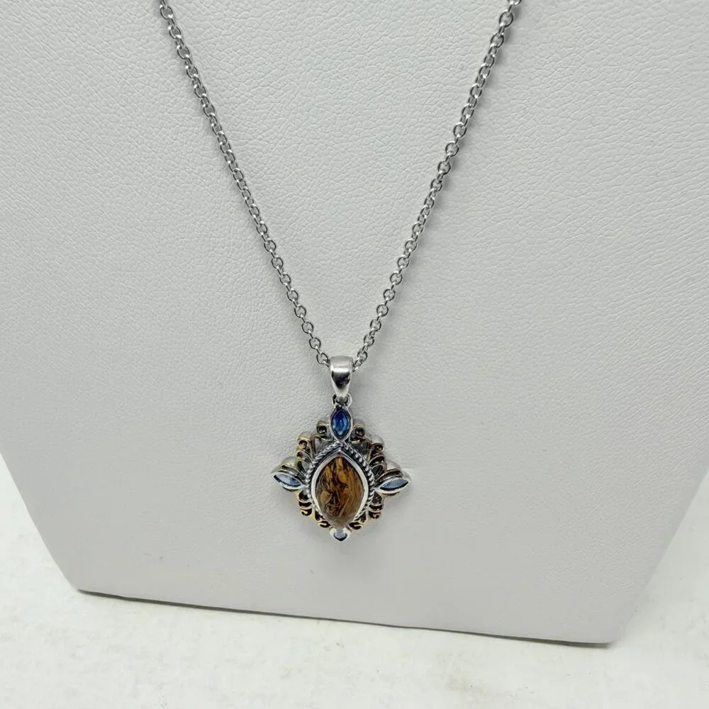 Shop LC Indian Script Stone/Blue Glass Sterling Silver Pendant & 20in Chain 5421